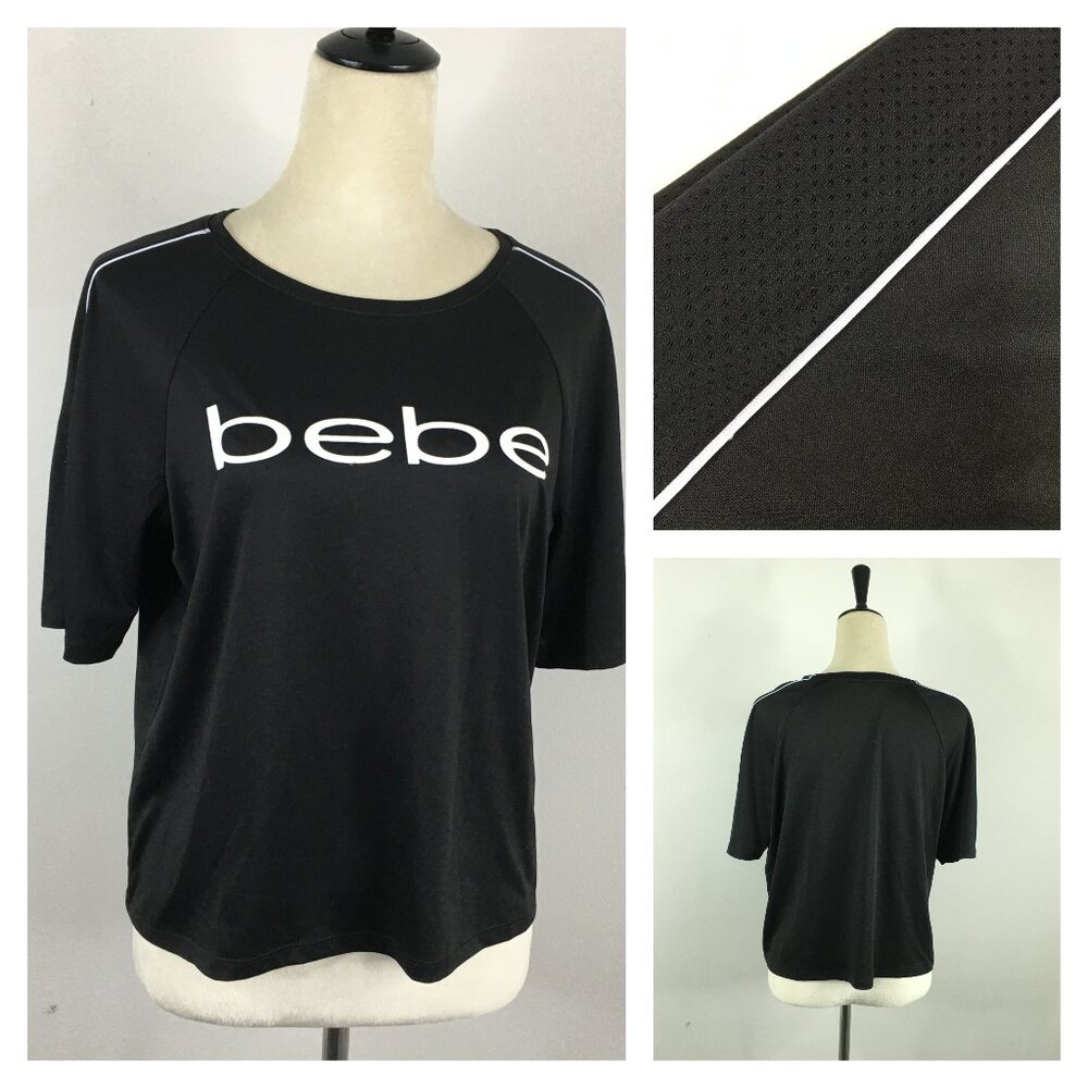 BEBE Sport Black White Logo Perforated Sleeve Insert Shirt
